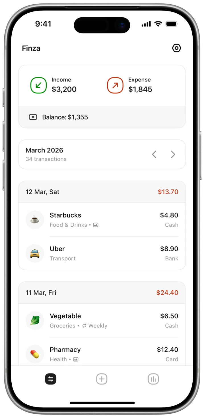 Finza app dashboard on iPhone